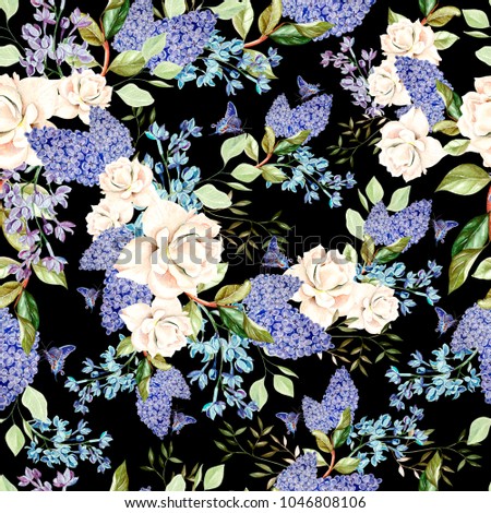 Seamless pattern with watercolor  lilac and roses flowers. Illustration