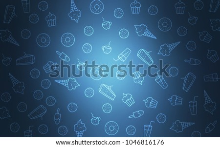 Light BLUE vector cover with set of confections. Confections on blurred abstract background with colorful gradient. Design for ad, poster, banner of cafes or restaurants.