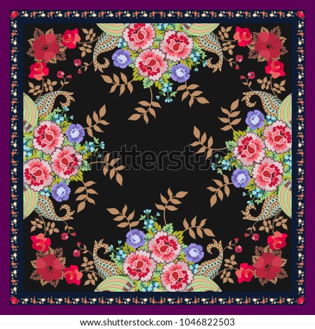 Unique shawl or carpet with bouquets of fantasy flowers, golden leaves and paisley on black background. Vector image.