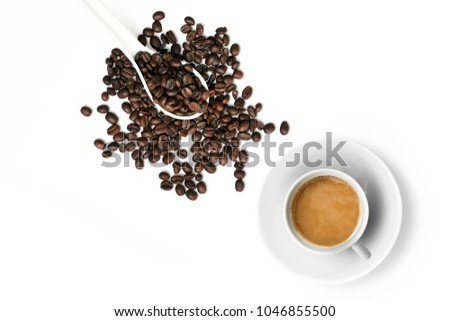 Coffee Cup with coffee beans isolated on white background, view from top. of free space your copy.