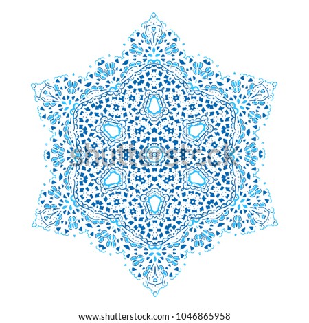 Pattern or mandala as a snowflake. Decorative round weave design ornaments. Unusual flower shape. Oriental vector. Ice star or snow.