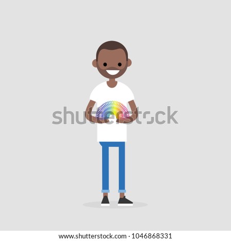 Young black character playing with a rainbow spring toy / flat editable vector illustration, clip art