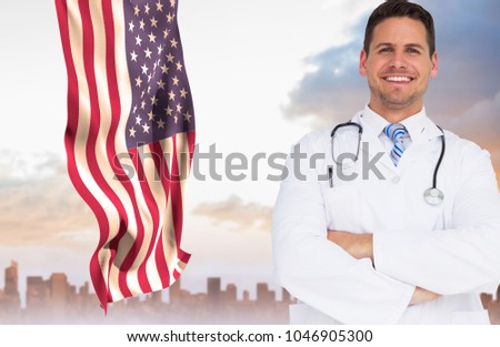 Digital composite of doctor against American flag