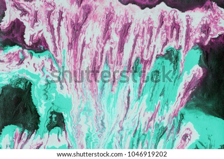 Colorful wet abstract paint leaks and splashes texture on white watercolor paper background. Natural organic shapes and design.