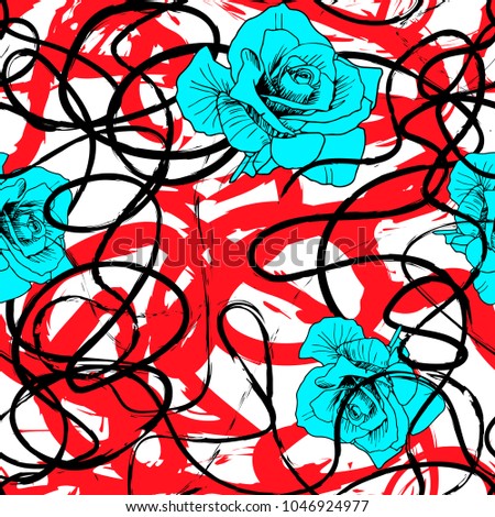 Grunge lines and roses seamless vector pattern