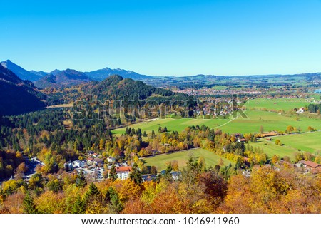 Hohenschwangau valley near  Neuschwanstein Castle and Alps mountains at fall, Bavaria, Germany