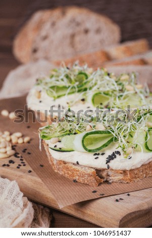 Healthy vegetarian bruschettas with bread, micro greens, hummus, cucumbers and pine nuts on rustic wooden table. Healthy lifestyle and eating right concept