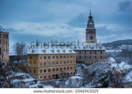 Old city view from above. Top view. Czech krumlov in winter. Traveling through Europe. The city in Czech Republic, sights. The world around us, beautiful next door. What to see in the Czech 