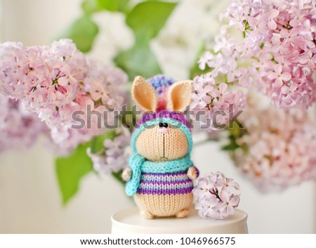 Handmade knitted toy. Easter rabbit in striped sweater, scarf and hat with pompom on the background of the flowering lilac