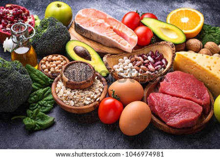 Organic food for healthy nutrition and superfoods. Balanced diet. Selective focus Royalty-Free Stock Photo #1046974981