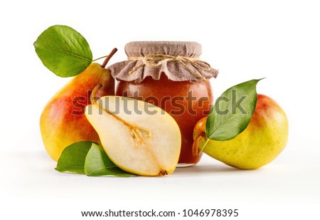 Glass jar of homemade pear jam with fresh juicy fruits in the form of ingredients, isolated on white background