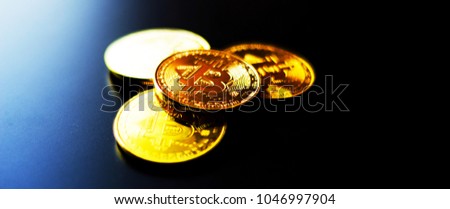 Crypto currency Gold Bitcoin, BTC, macro shot of Bitcoin coins on  background,  bitcoin mining concept