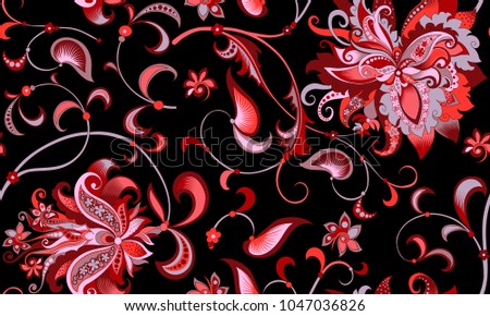 beautiful seamless oriental pattern with  decorative gray and red flowers on a black background for design, colored vintage ornament  with abstract  flowers 