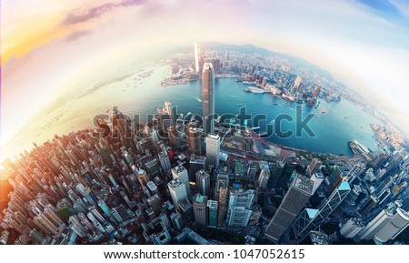 Panorama aerial view of Hong Kong City Royalty-Free Stock Photo #1047052615