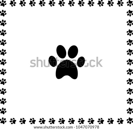 Black animal pawprint icon framed with paw prints square border isolated on white background. monochrome illustration, sign, symbol, logo, clip art, banner, poster.