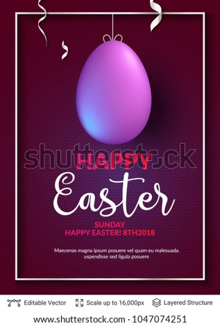 Easter background template. 3D colored egg and copy space frame on black backdrop. Editable vector illustration.