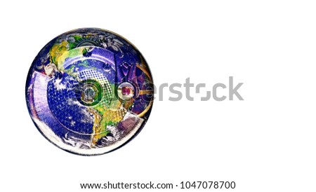 A Concept Work of The World with Watch Mechanical Movements, Isolated / Die Cut on White Background with Clipping Path or Selection Path Included.  The Picture of The Globe Was Downloaded from NASA.
