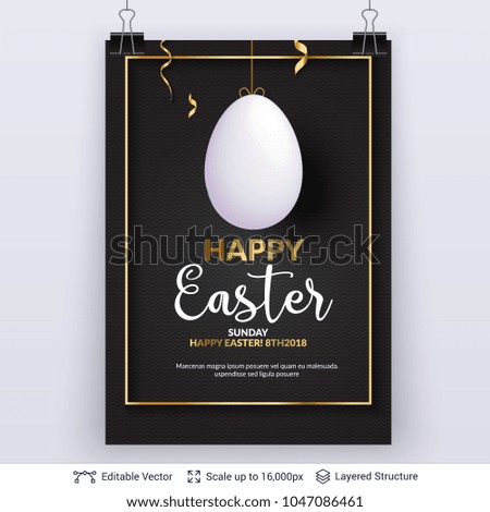 Easter background template. 3D egg and copy space frame on dark backdrop. Editable vector illustration.