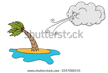 An image of a Windy Day island plam tree and Cloud Blowing Wind cartoon.