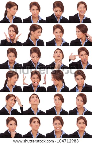 Collage of young business  woman's  different facial expressions Royalty-Free Stock Photo #104712983