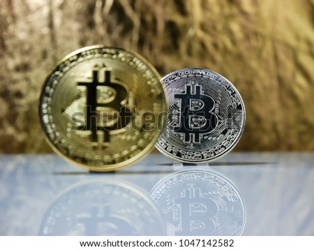 Bit coin Digital currency, silver and copper are the symbols of future currencies. Computer Exchange Lay a picture on a white background, gold backdrop with focus play.
