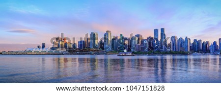 Panoramic view of Vancouver skyline at sunset