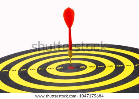 Close up of dartboard with red dart arrows in center on white background. Business Success Concept 