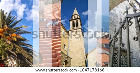 A collage of photos about a trip to sunny Montenegro. Sun, sea, medieval cities
