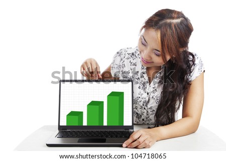 Businesswoman pointing at a laptop with graph isolated on white