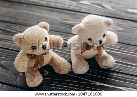 Cute couple of teddy bears in love, two teddy bear toys gift for wedding, childhood nostagia concept, sweet present for little girl concept, plush bear close-up