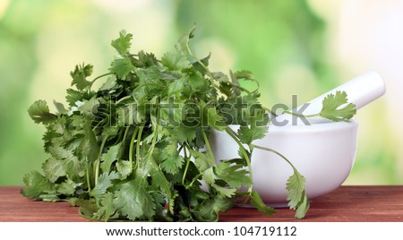 Coriander in a mortar and pestle on green background
