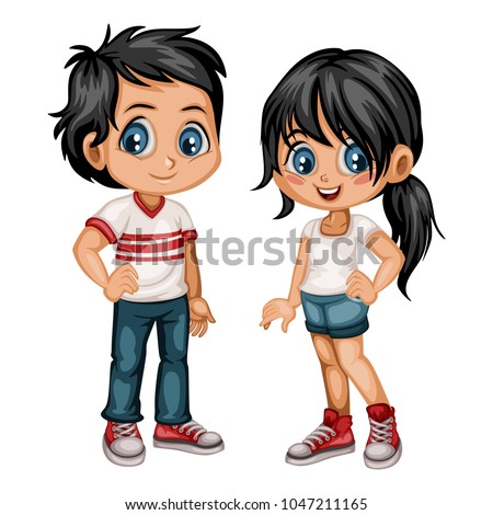 Cute Cartoon Boy and Girl in Sport Clothes. Happy Little Kids Vector Illustration
 Royalty-Free Stock Photo #1047211165