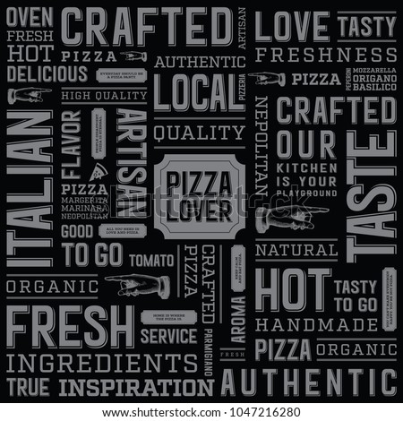 Food tags typography texture background. Pizza box template design.