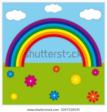 rainbow and field with flowers in vector, clouds on sky in vector