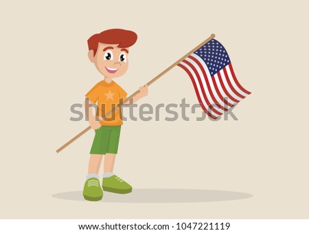 Cartoon character, Boy holding a American flag.,vector eps10