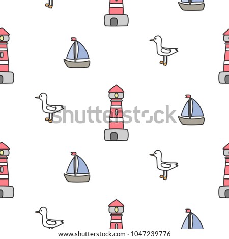 Cute marine seamless pattern. Vector background with lighthouse, sailing ship, seagull. Suitable for wallpaper, wrapping paper, web page background, summer cards design.