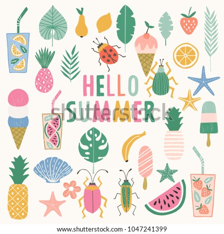 Collection of summer illustration. Ice cream, pineapple, watermelone icons. Vector. Isolated.