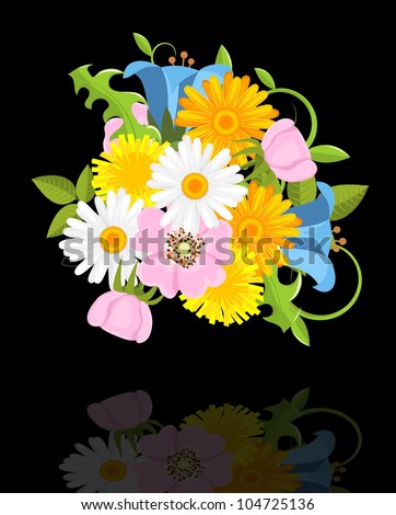 various spring flowers  on black background with reflection - bitmap copy