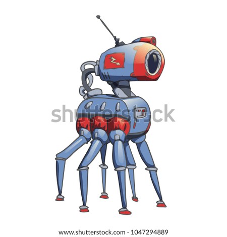 Bionic six-legged robot with a camera in his head. Illustration, isolated on white background. Raster version.
