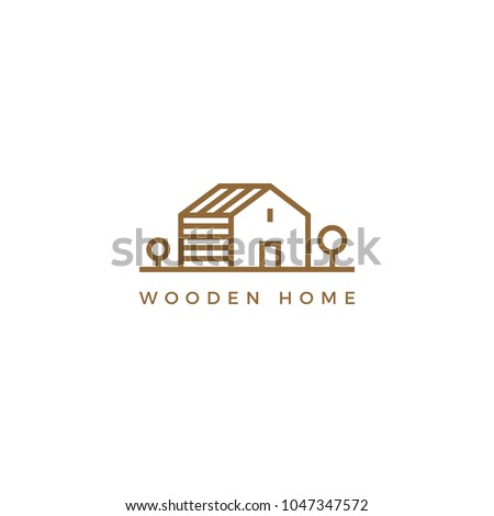 Vector line art logotype of wooden house. Abstract logo design for construction company or interior design studio.