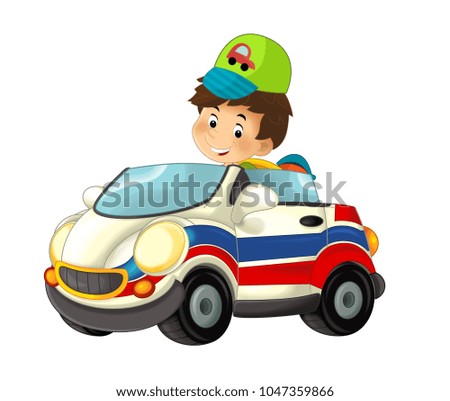 cartoon scene with child - boy in toy car ambulance on white background - illustration for children