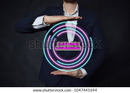 In the hands of a businessman, a neon circle with the inscription:CUSTOMER EXPERIENCE