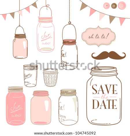 Glass Jars, frames and cute seamless backgrounds. Ideal for wedding invitations and Save the Date invitations