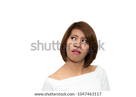 Beautiful asian woman make up doubt face on white background, clipping path