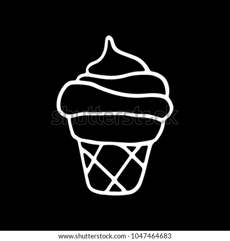 Sweet cartoon hand drawn ice cream illustration. Cute vector black and white ice cream illustration. Isolated monochrome doodle ice cream illustration on black background.