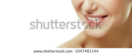Beautiful smile with whitening teeth. Dental photo. Perfect fashion lips makeup. Health happy female smile. Macro close-up shot of woman's mouth. Care about tooth