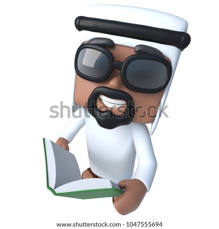 3d render of a funny cartoon Arab sheik character reading a book