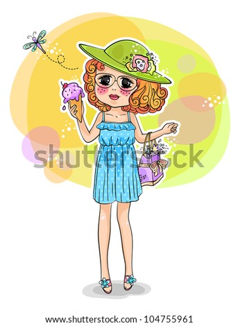 cute girl in summer dress holding an ice cream (JPEG version available in my gallery)