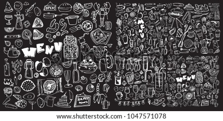 Hand drawn food elements. Set for menu decoration. Cartoon. Simple stylized forms. Black and white.