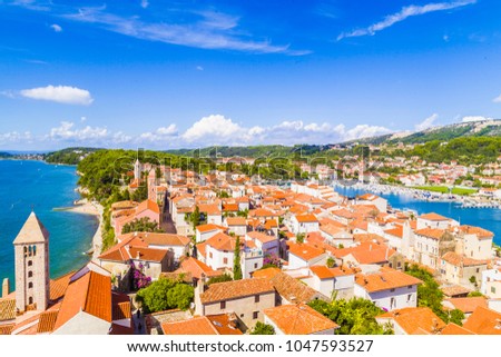 Beautiful scenic picture of rab siland city from croatia. Royalty-Free Stock Photo #1047593527